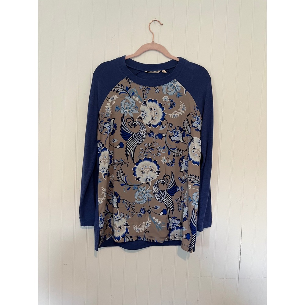 Soft Surroundings Blue Floral Peacock Mixed Media Raglan Top Womens XS